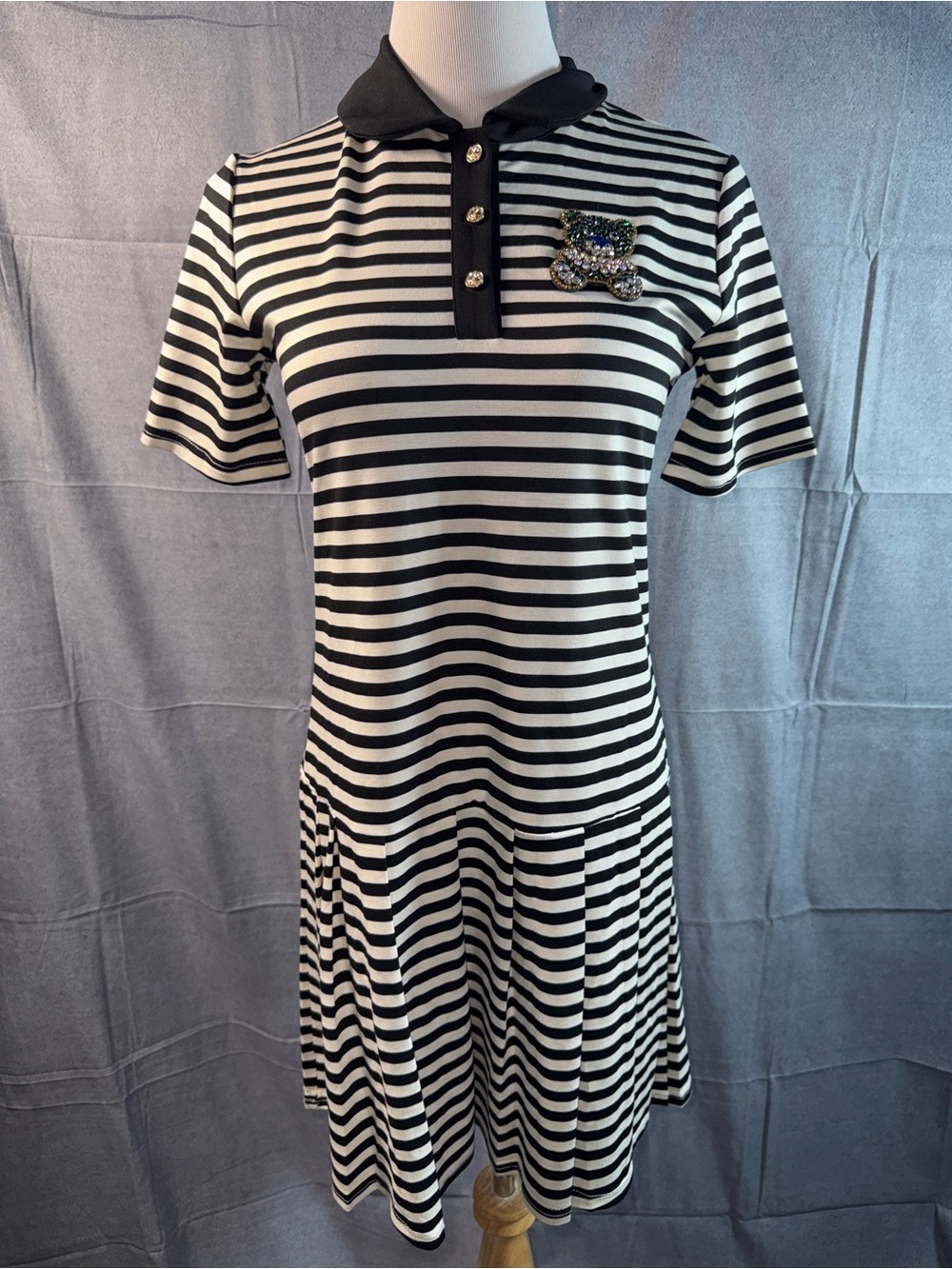 1422-Balmain Black and White Striped Polo Dress with Embellished Crest